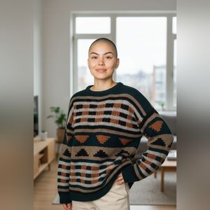 Autumn Coloured Cozy Multicolor Striped Sweater Handknitted Size L